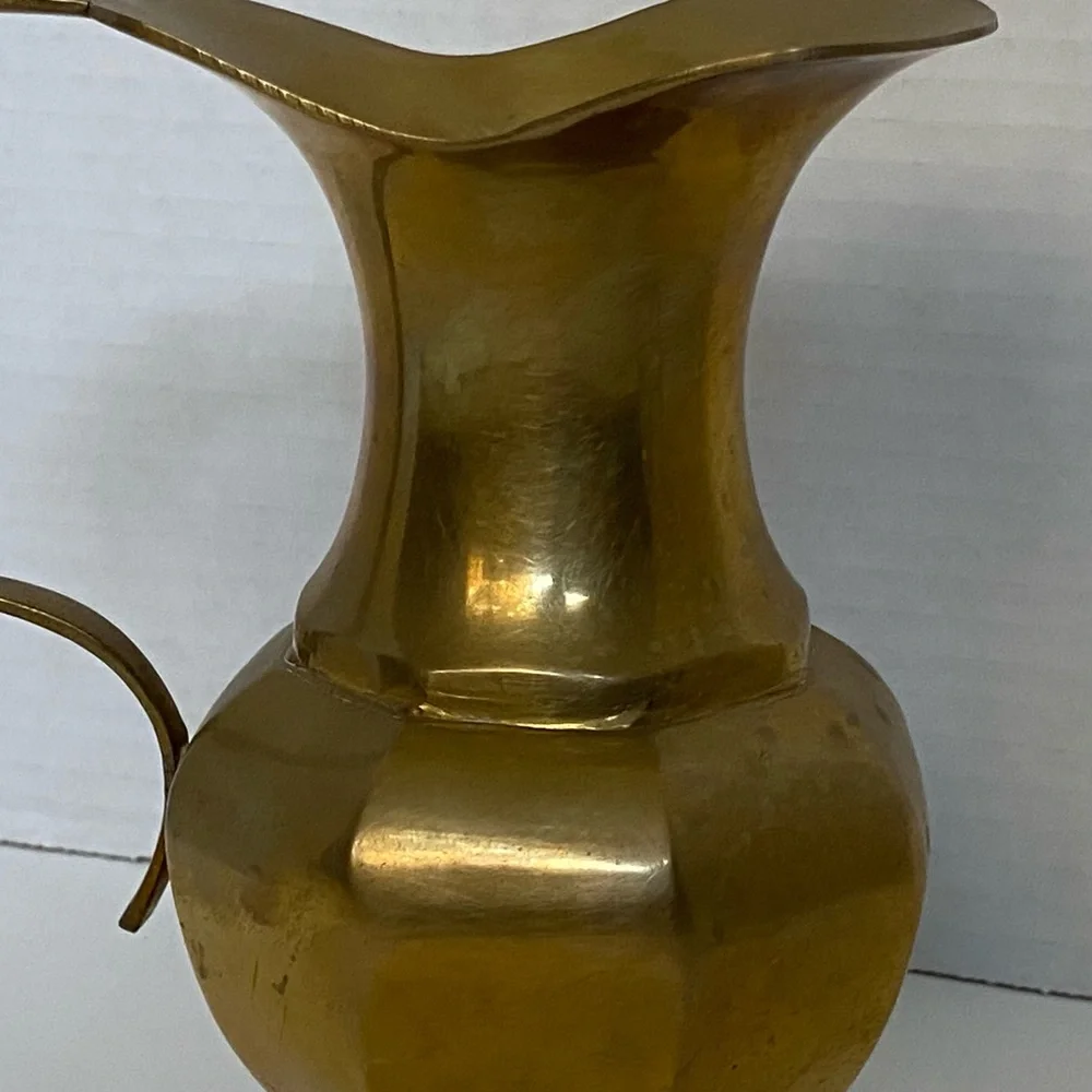 Vintage Solid Brass Pitcher Jug Vase Pretty Handle 6.5” Tall